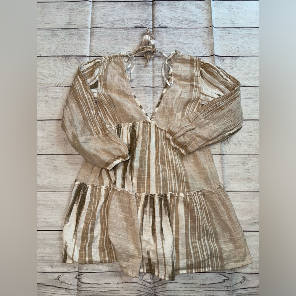 Blue Island Tan and White Bohemian Swim Coverup